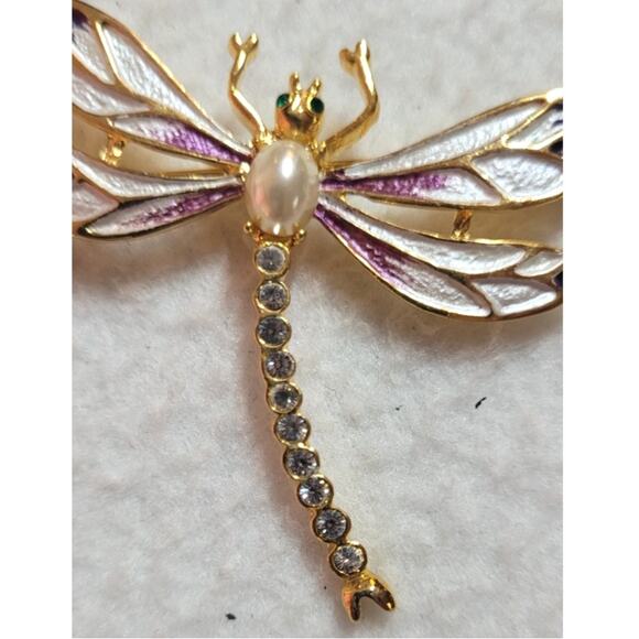 Vtg Unsigned Carucci Dragonfly Purple Enamel Faux Pearl Rhinestone Brooch 2" - Picture 4 of 6